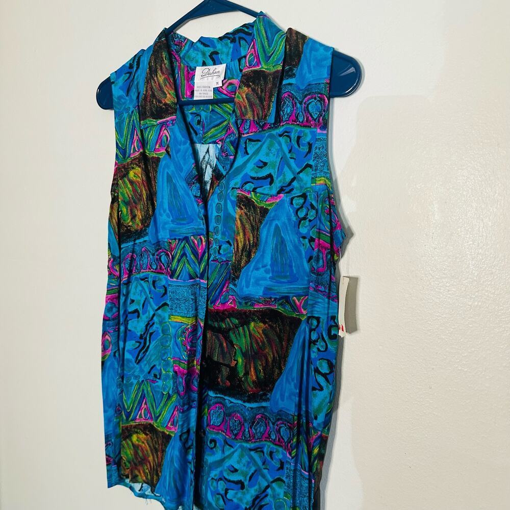 Dahan Blue Purple Funky Design Sleeveless Collared Button Up Tank Top Size M - Picture 5 of 9